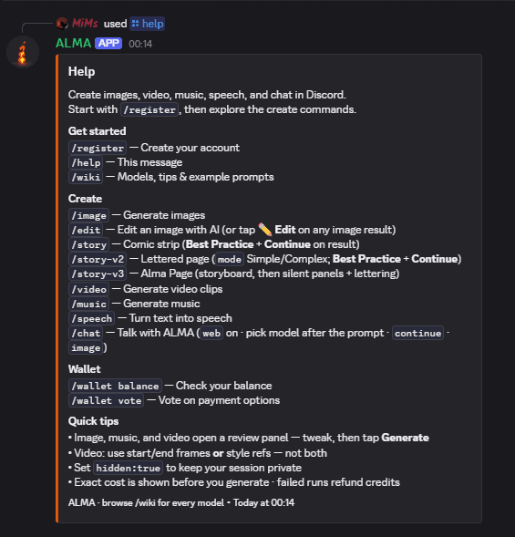 ALMA /help embed in Discord