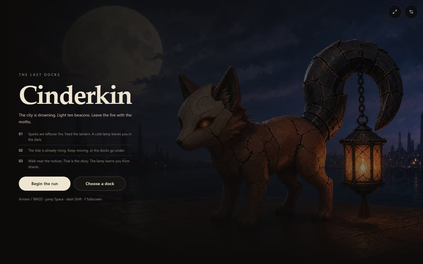 Cinderkin desktop: lantern-tailed fox beside Cinderkin title, two buttons, notes on a night sky