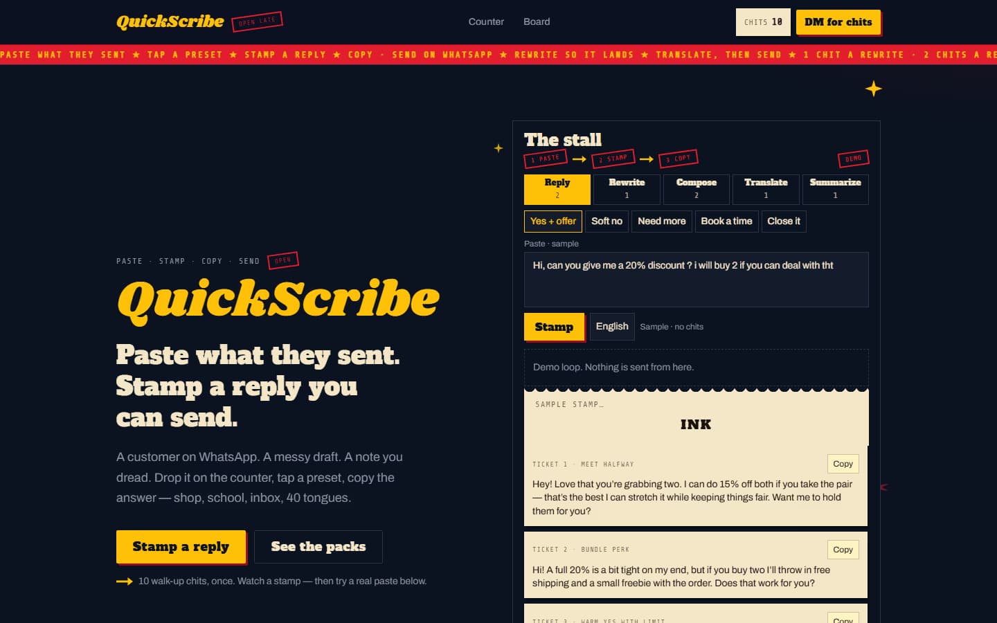 QuickScribe desktop: yellow wordmark and paste headline left, cream reply tickets on the right