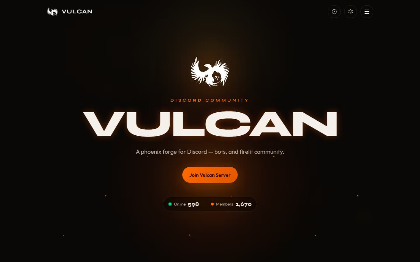 Vulcan landing: white phoenix logo, large VULCAN wordmark, orange Join button on black