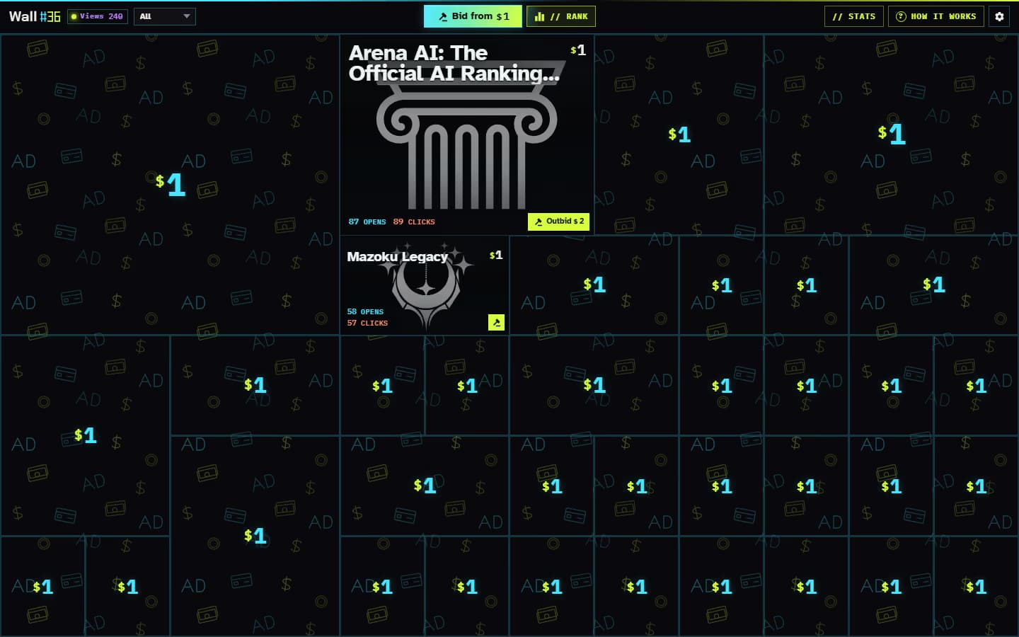 Wall#36 desktop: black ad grid with $1 tiles and a large Arena AI column tile